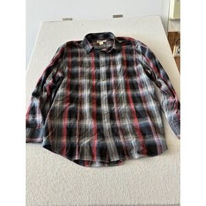 Duluth Trading Co Shirt Mens XL Gray Red Plaid Long Sleeve Flannel Button Up